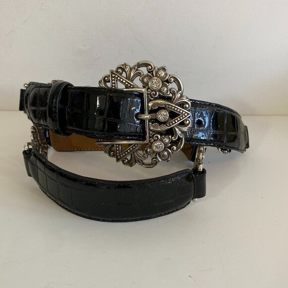 Brighton Black Patent Aligator Belt Silver Hardware Rhinestones 38